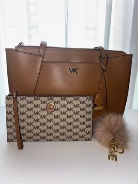 Michael Kors Cognac Saffiano Leather Tote with Logo Zip Pouch and Fur Pom